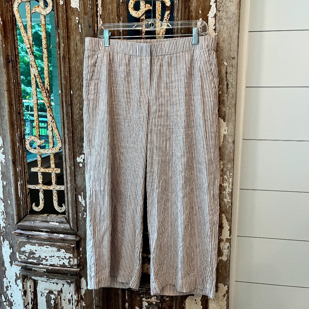 J Jill Linen Pants - Brown/White Stripe - Elastic Waist - Size M